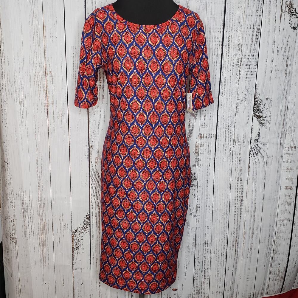 NWT Lularoe Julia Dress Sz S. Slim red blue